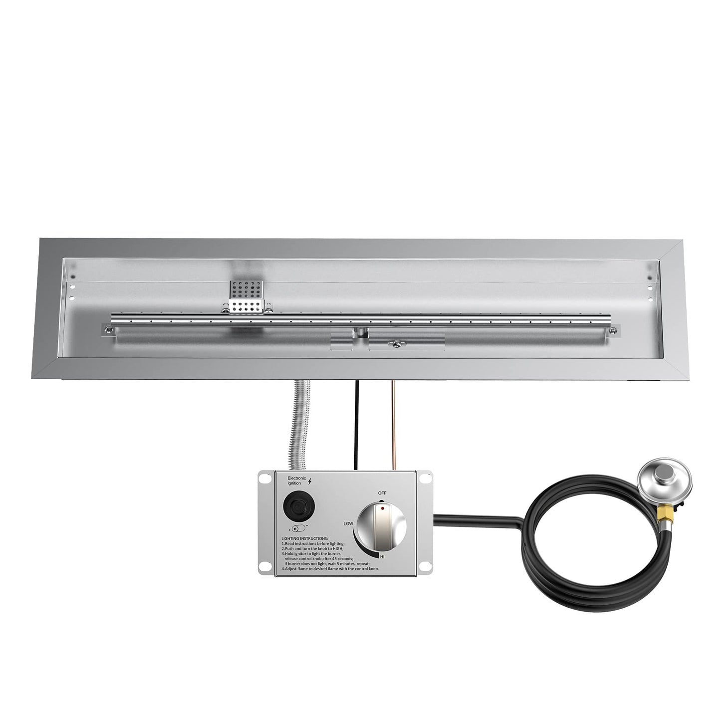 Skyflame 30" Linear Stainless Steel Fire Pit Drop-in Burner Kit with Flame Sensing, Electronic Spark Ignition, and Propane Regulator Hose Set