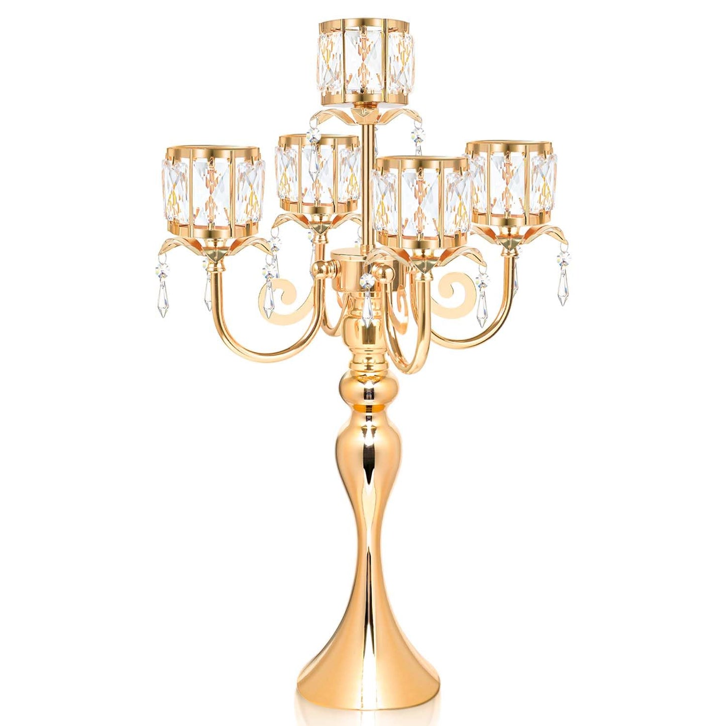 Kehail Gold 5 Arm Pendant Square Crystal Table Decor 22 inch Candle Holder, Classic and Elegant Table Centerpiece Atmosphere Candle Holders for Gift Wedding Party Home Decor