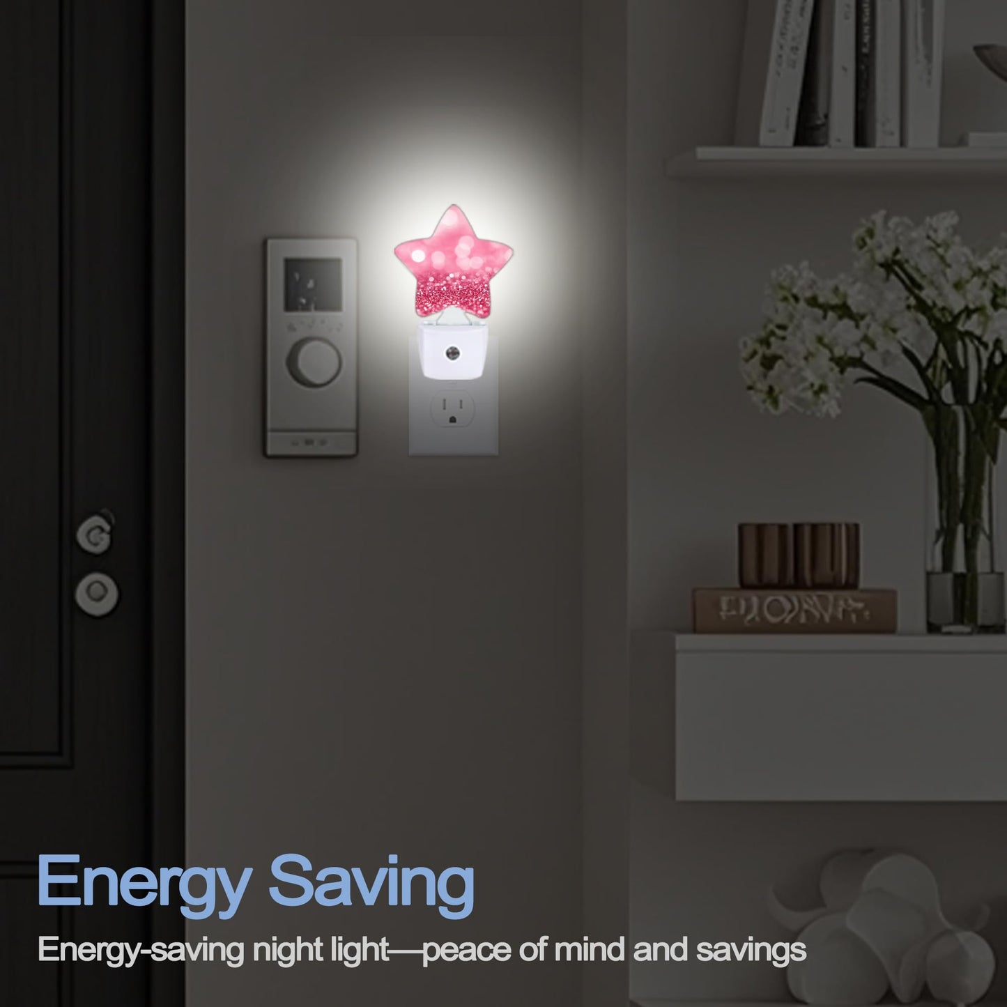 Pink Red Glittering Dusk to Dawn Star Night Light,Abstract Christmas Smart Sensor Nightlight for Bedroom Kitchen Hallway Stairs,Plug-in Energy Efficient Decor Desk Lamp Women Men Gifts