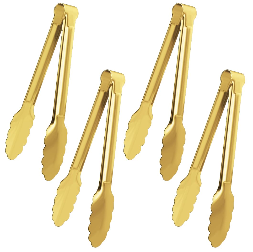 4 Pack Gold Serving Tongs XEVOM Buffet Tongs Serving Utensils Salad Tongs Stainless Steel Gold Plated Buffet Serving Tongs,9 Inch