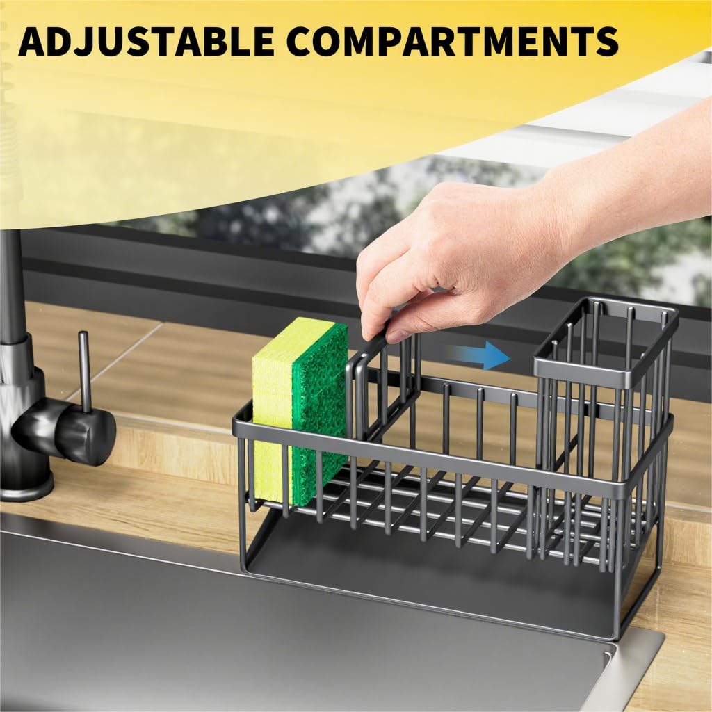 Cisily Kitchen Sink Caddy Organzier with High Brush Holder, Sponge Holder for Sink, 304 Rustproof Stainless, Kitchen Countertop Soap Dispenser Organizer, Kitchen Decor and Accessories