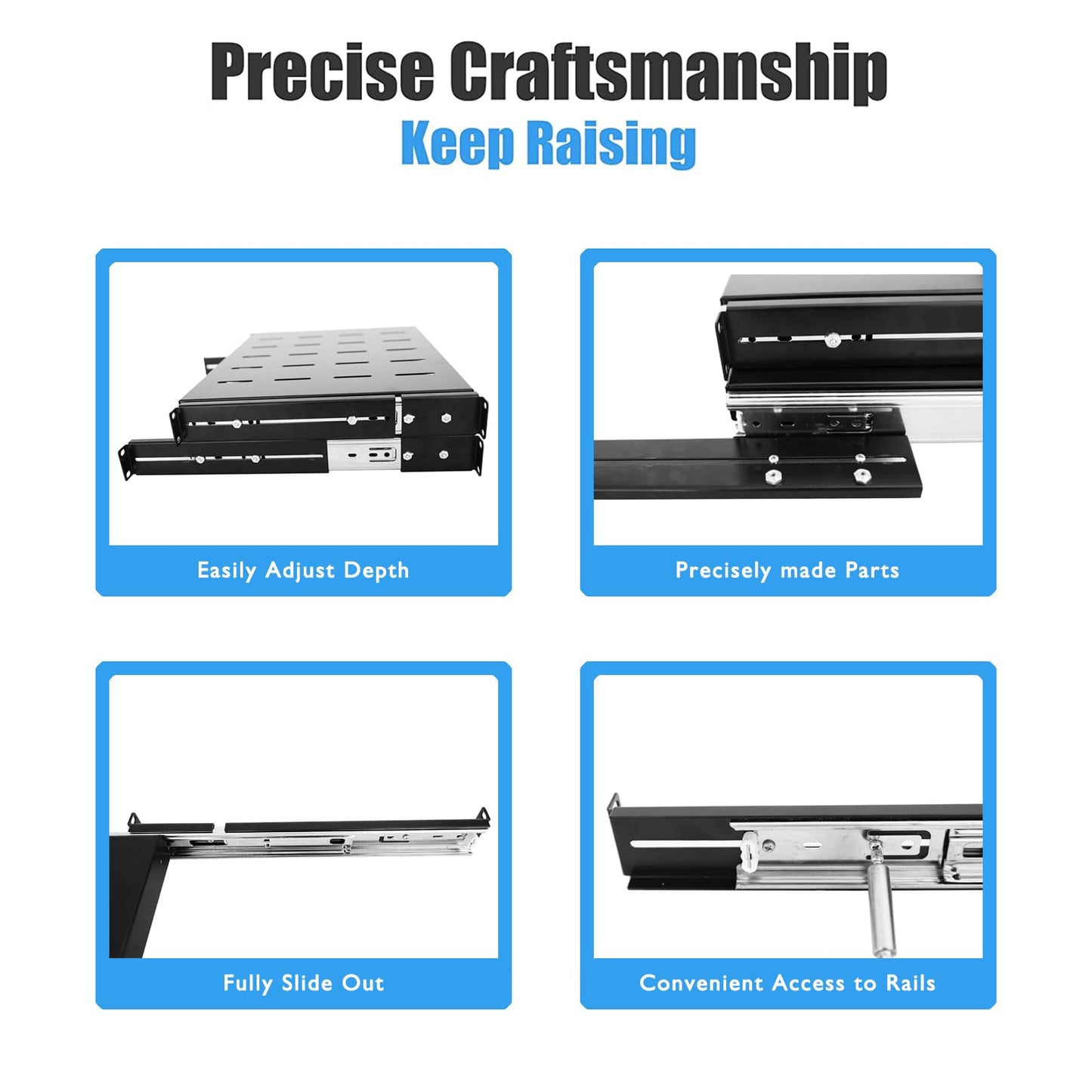 Raising Electronics Sliding Rack Server Shelf 1U 19'' 4 Post Rack Mount-Adjustable 15''-22''