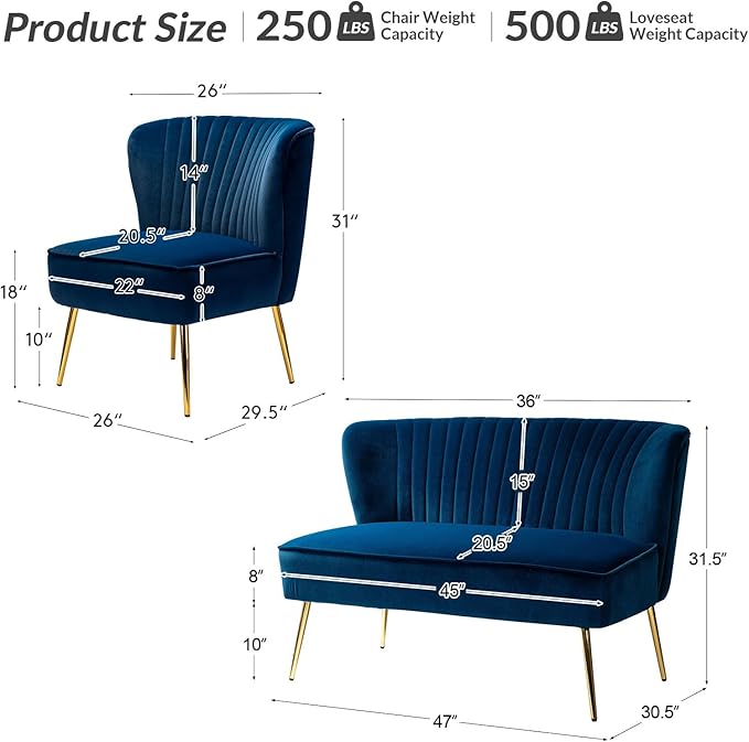 HULALA Home 3 Piece Velvet Living Room Furniture Set, Modern Comfy Upholstered