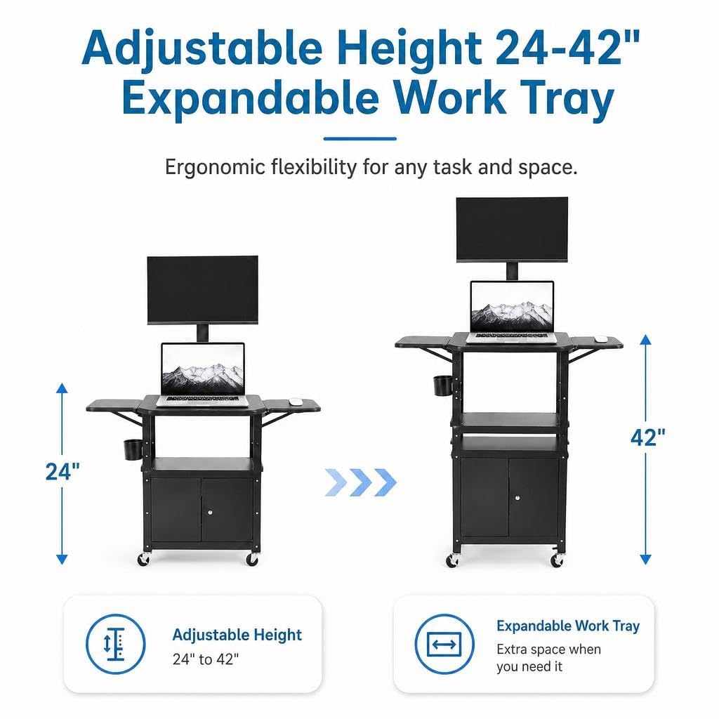 Adjustable Height AV Media Cart, 24-42 Inch Mobile Stand with Locking Storage, Extended Tray Organizer, Cable Management Wheels, for Home Office School