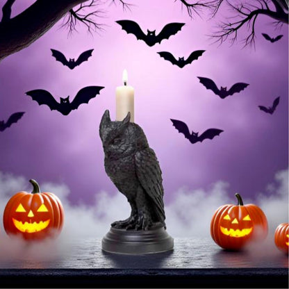 Gothic Black Owl Candle Holder Statue,Resin Cat Candlestick Holder,Halloween Gothic Tabletop Decor for Home,Dining Table & Party,Witchy Cat Figurine Gift (owl)