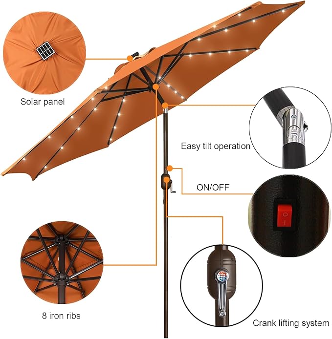 Blissun 9 ft Solar Umbrella with 32 LED Lights for Garden, Deck, Backyard (Rust)