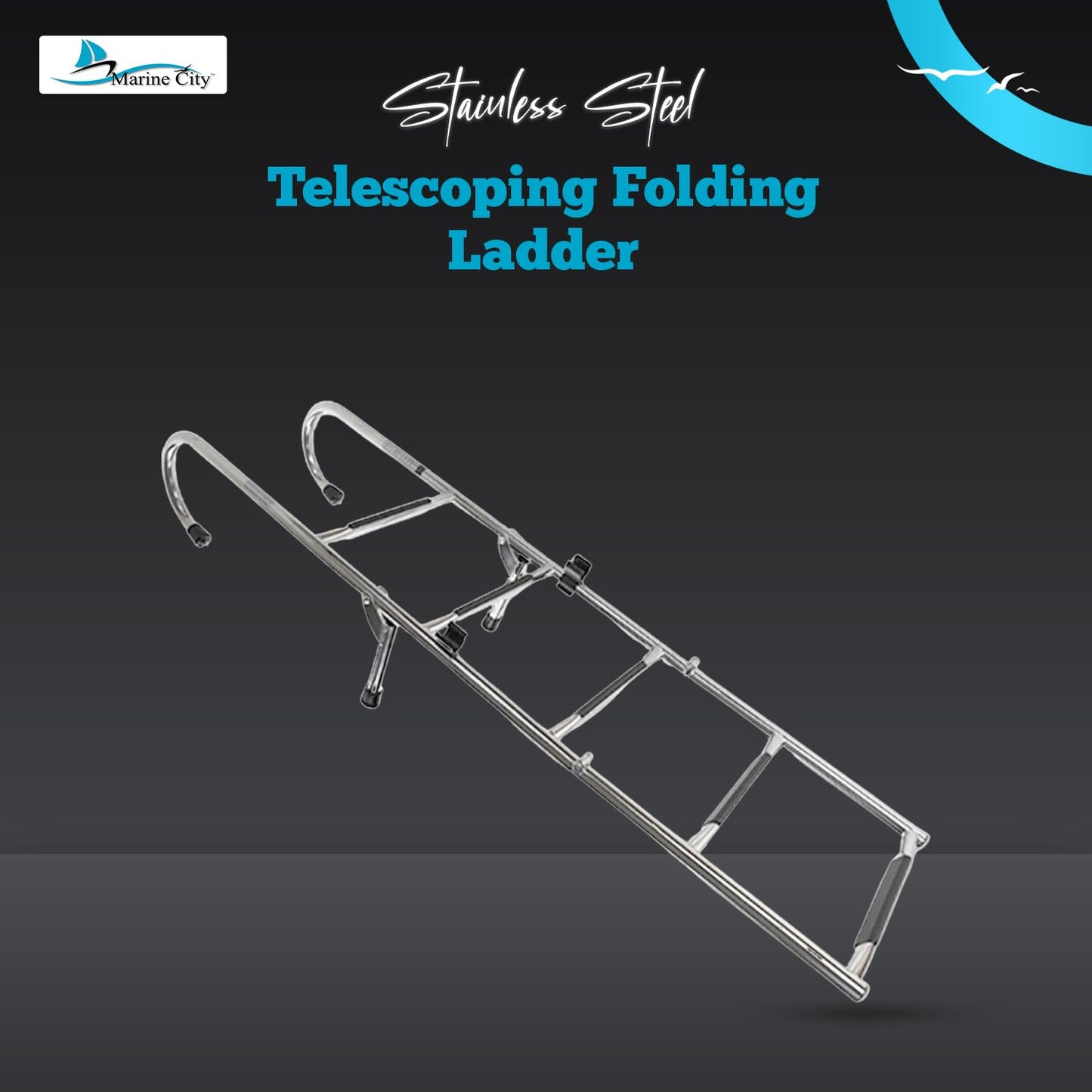 MARINE CITY 2+3 Step Telescoping Folding Ladder – 304 Grade Stainless Steel, 400 lb Capacity – Compact, Sturdy Design for Easy Installation on Boats, Pontoons, RVs, and Ships