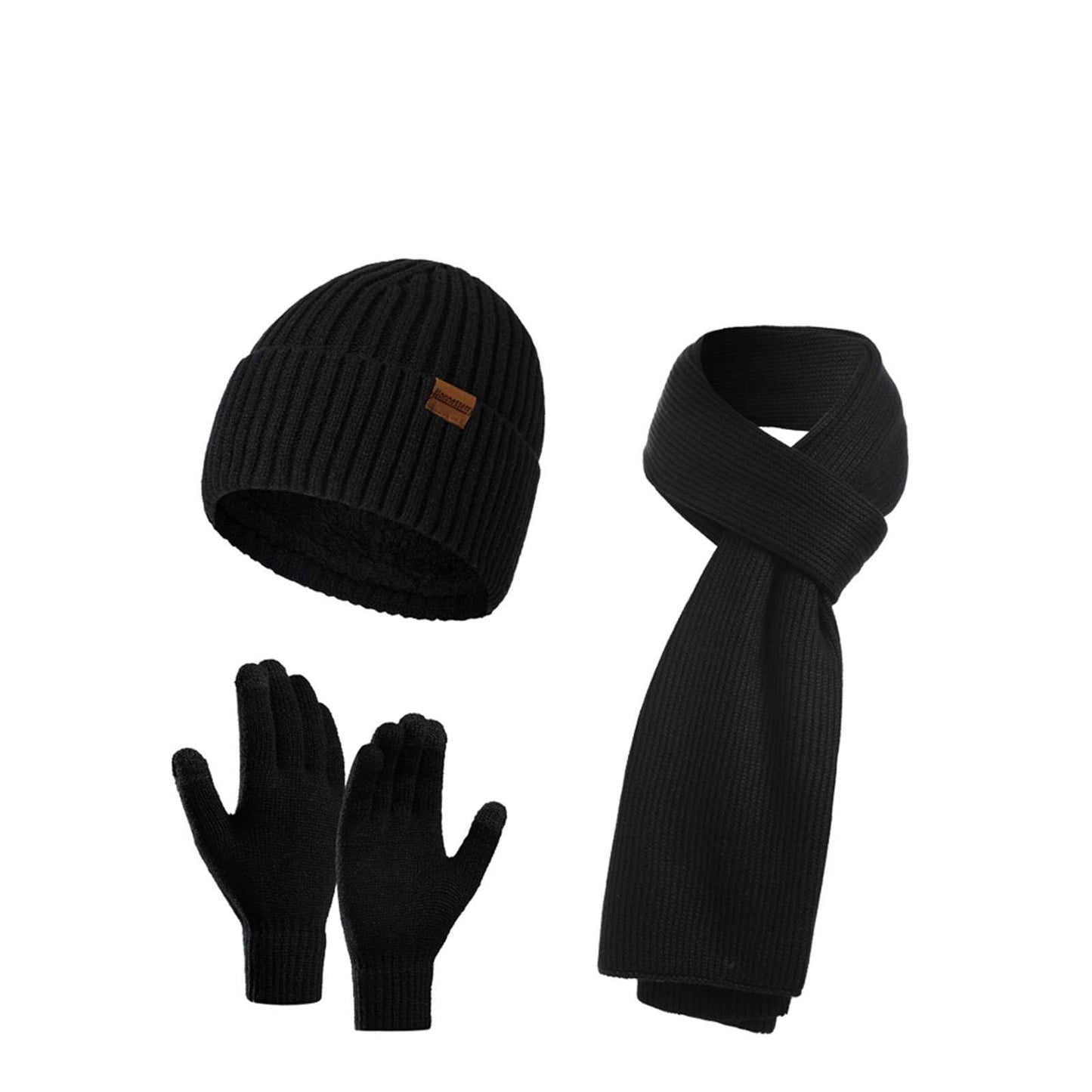 Winter Beanie Hats for Men Long Neck Scarf and Touchscreen Gloves Set with Fleece Lined Skull Caps Gifts for Men Black