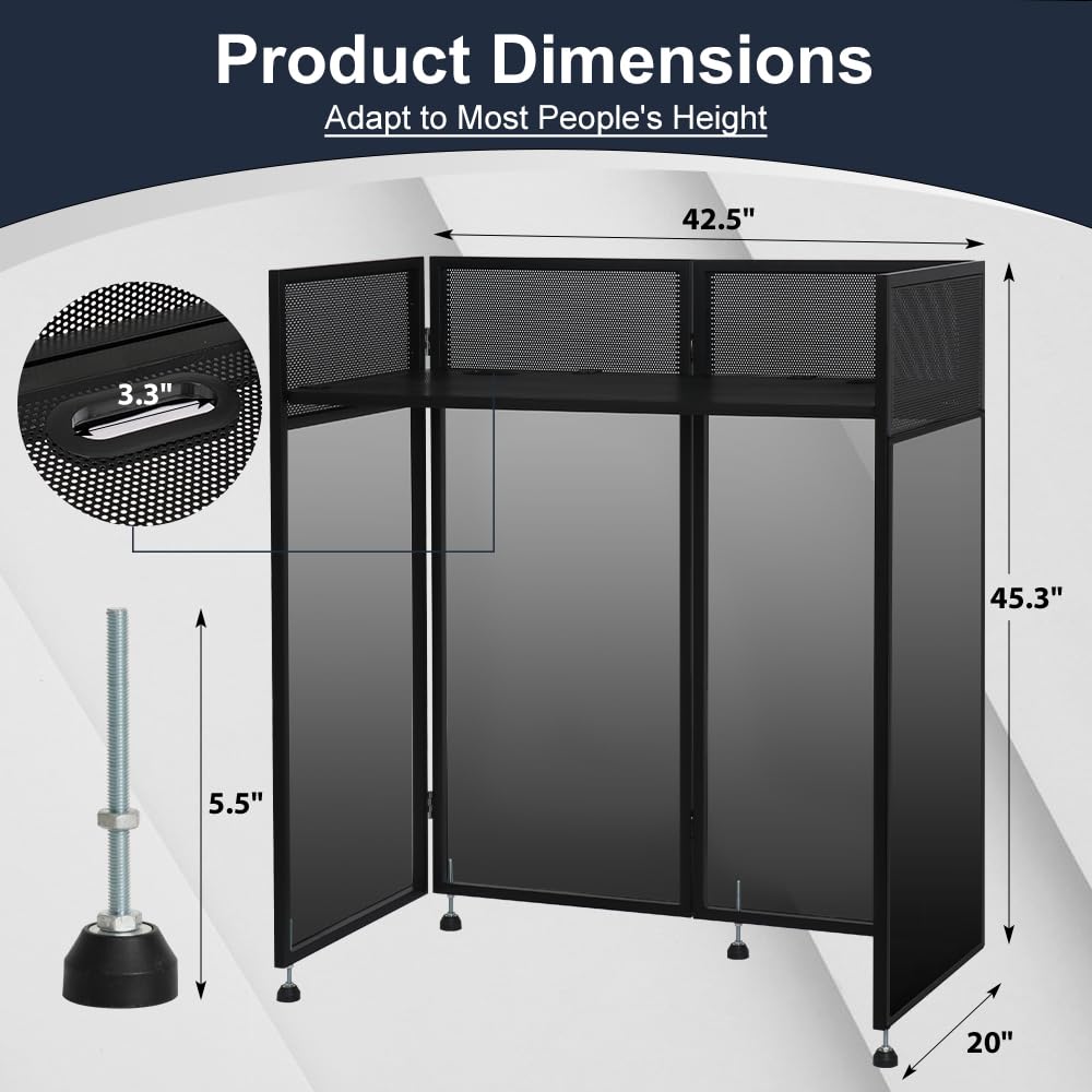Kokorona Portable DJ Booth 43"L x 20"W x 45"H, DJ Facade Booth with Black & White Scrims, Folding DJ Booth for Party, DJ Facade Table Booth with Cable Hole, Black Metal Frame + Carry Bag