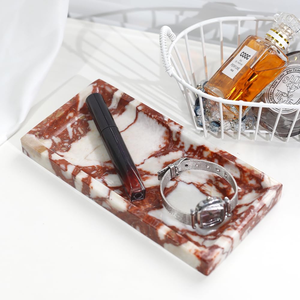 Small Marble Bathroom Tray, Real Marble Vanity Tray, Natural Stone Organizer for Countertop, Mini Marble Organizer for Jewelry Perfume Towel, Non-Resin Non-Ceramic (Calacatta Red 7.9" x 3.9" x 0.7")