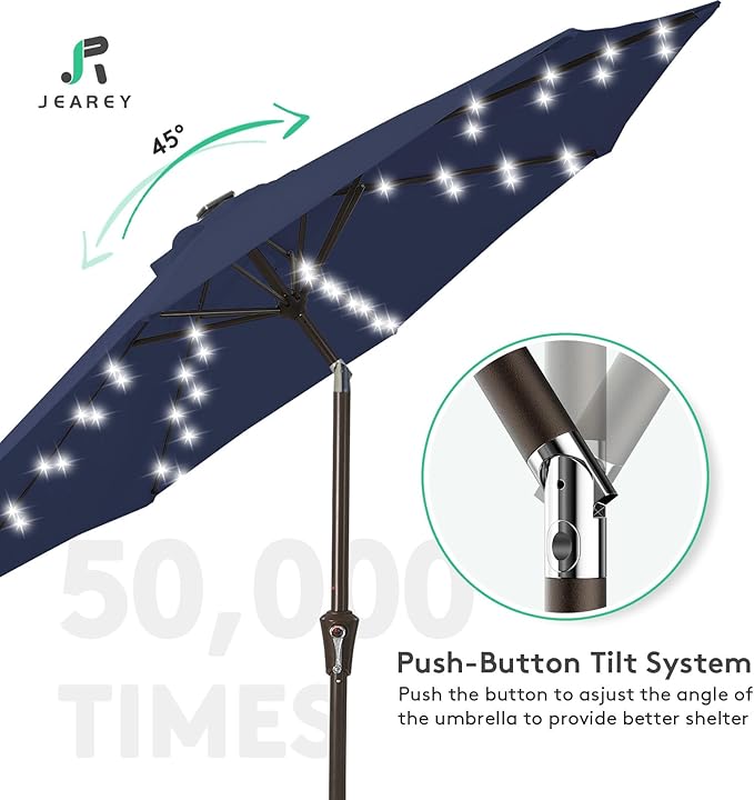JEAREY 9FT Outdoor Patio Umbrella with Solar Lights, LED Lighted Pool Umbrella with Tilt and Crank, Outdoor Table Umbrellas for Deck, Yard & Market (9ft, Navy Blue)