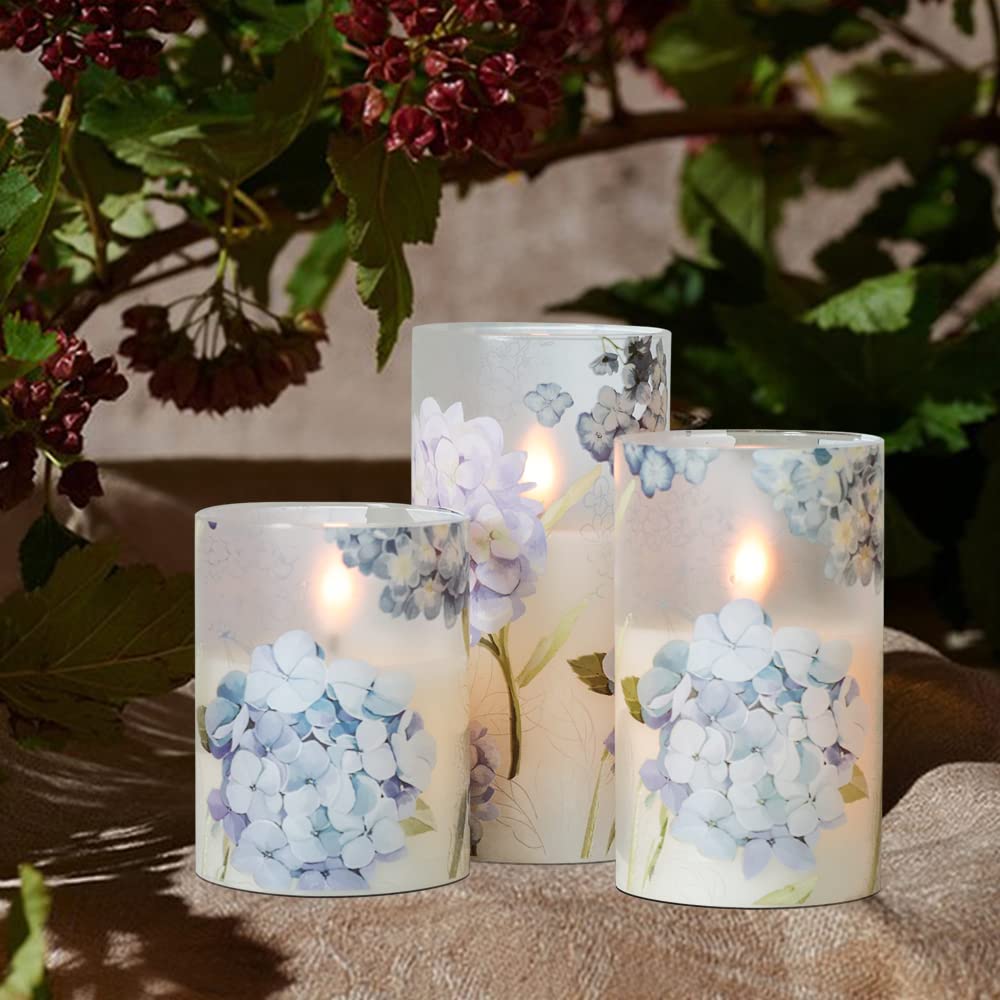 Eldnacele Hydrangea Glass Flameless Candles with Remote and Timer, Realistic 3D Wick Flickering Real Wax LED Window Candle Battery Operated Dinner Wedding Spring Decorations(3 x 4,5,6 Inch)