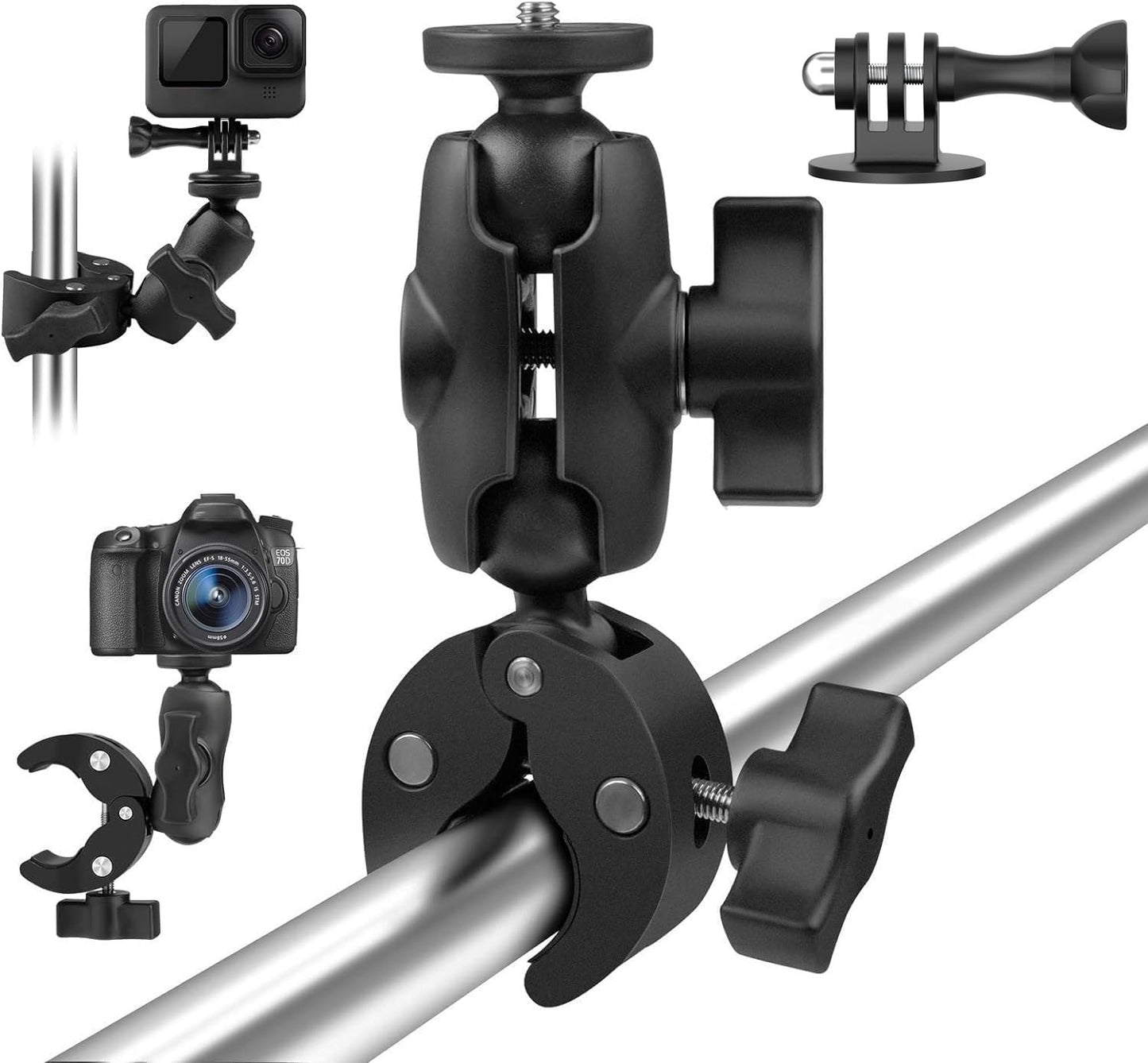 Taisioner Super Camera Clamp Mount Double Socket Arm 1/4"-20 Ball Head Adapter Gopro Accessories Suitable for GoPro AKASO DJI Action Insta360 or DSLR Digital Camera Monitor/LED Lights/