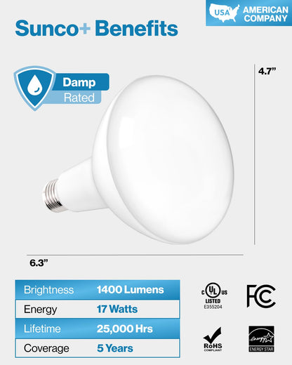 Sunco 6 Pack BR40 LED Light Bulbs, Indoor Flood Lights, Recessed Can Light Bulb, 1400 LM, 17W (100W Equivalent), 2700K Soft White, Dimmable, E26 Base, for Home, Bedroom, Kitchen UL.