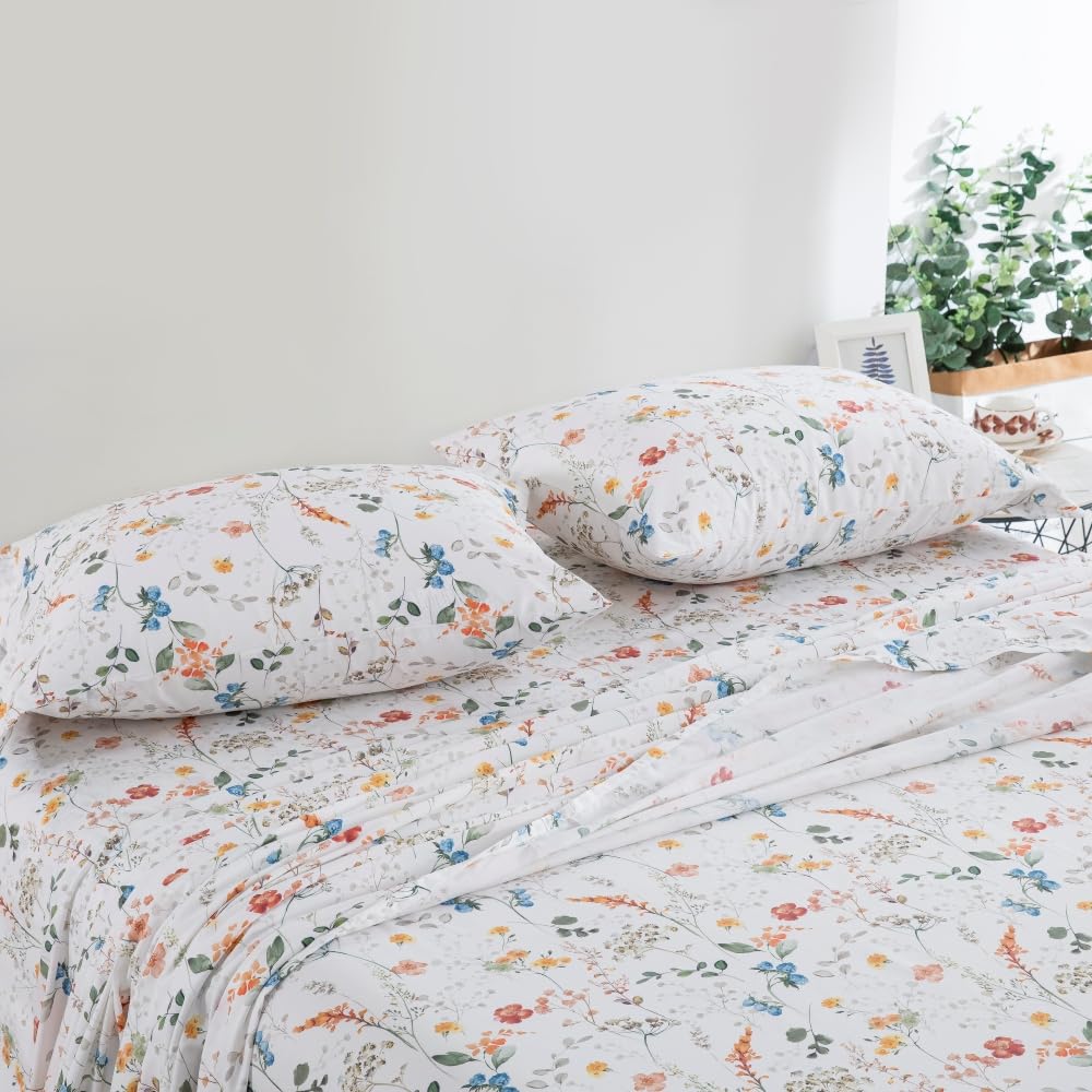 DAUAOTO King Size Printed Sheets Set, 100% Cotton Bedding Sets, Up to 14" Deep Mattress, Farmhouse Pattern Bedlinen Set, Botanical Garden