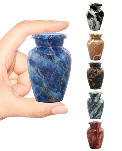 Marble Finish Metal Mini Keepsake Urn for Human or Pet Ashes - Token Sharing Memorial Urn with Velvet Bag (Exotic Blue)