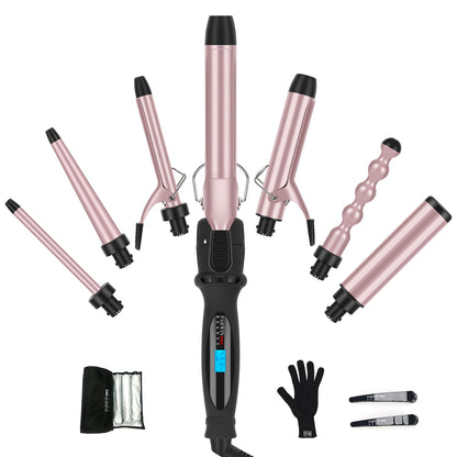 PARWIN PRO BEAUTY 7 in 1 Curling Iron Wand Set,Dual Voltage Curling Wand with 7 Interchangeable Diamond Ceramic Hair Curler Wands with LCD Temperature Control Auto Shut Off Black