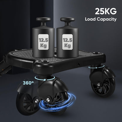 BugyKido Universal Buggy Board with Seat, Kiddy Board with Pram Organiser Bag, Pram Standing Board Compatible with Over 99% of Pushchairs, for Children from 2-6 Years, Load 25 KG(Black)