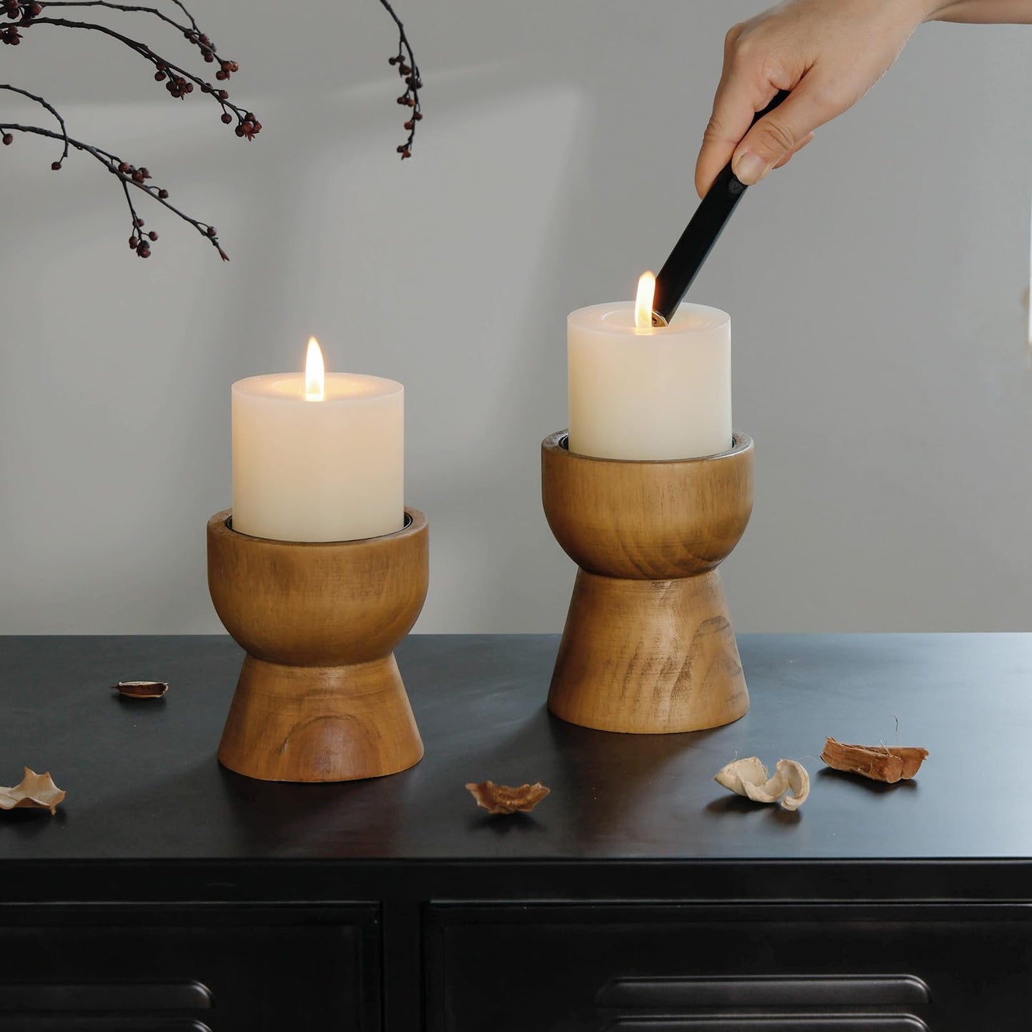 NIKKY HOME Farmhouse Wooden Candle Holders Set of 2, Rustic Solid Wood Pillar Candlesticks Pedestal, Fireplace Mantle Table Centerpiece Decor, Brown