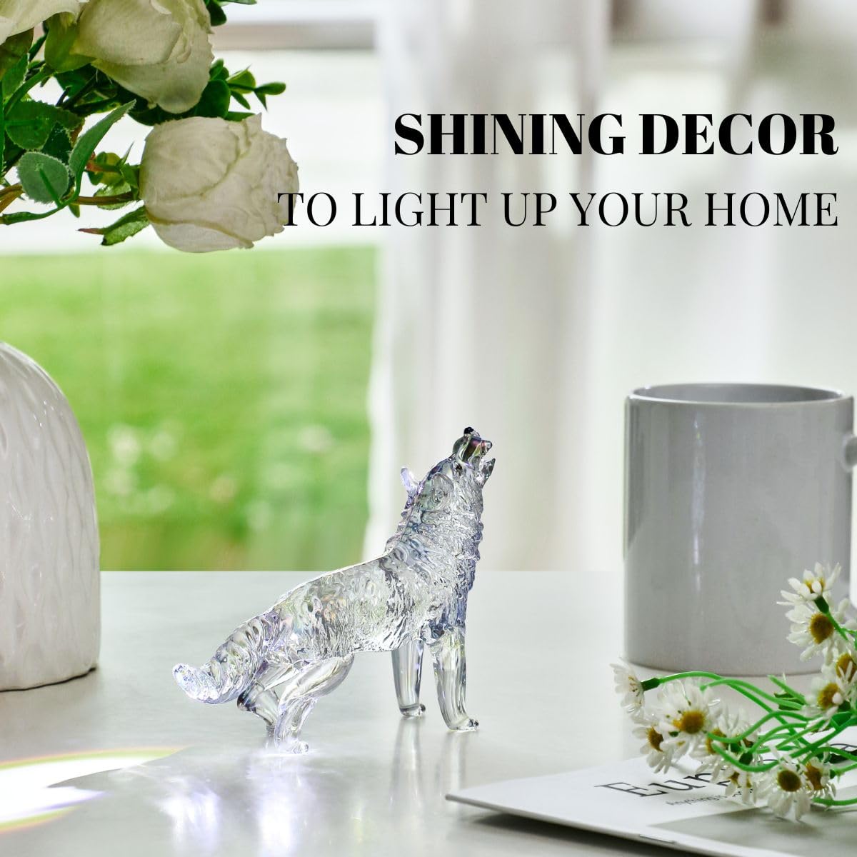 Crystal Glass Wolf Figurine Dazzle Clear Howling Wolf Statue Hand Blown Glass Animal Sculpture Collectible Paperweight