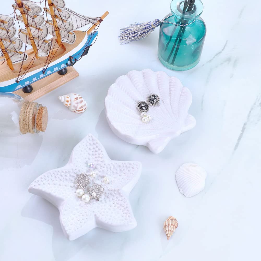 Shell Soap Dish, Starfish Jewelry Dish Tray, Ceramic Ocean Soap Holder for Bathroom,Tub, Kitchen Sink & Vanity Spaces(Shell)