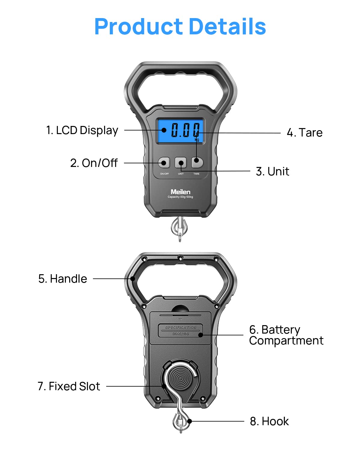 Meilen Fish Scale,110lb/50kg,Hanging Luggage Scale, Fishing Wighting Divice with Backlit LCD Display, Measuring Luggage Weight for Suitcase, Large Handle, Digital Postal Scale Fishing Gifts for Men