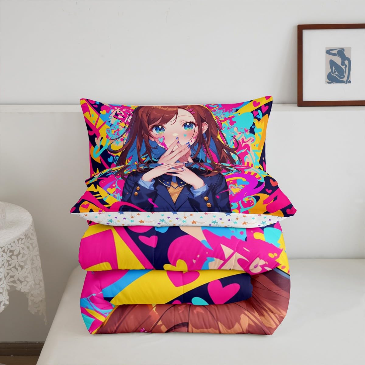 Erosebridal Anime Girl Twin Bedding Set, Japanese Anime Comforter Set 3 Piece for Kids Girls Teens Adult Bedroom Decor, Cartoon Girl Quilt Kawaii Japanese Animation Bedding Comforter Sets