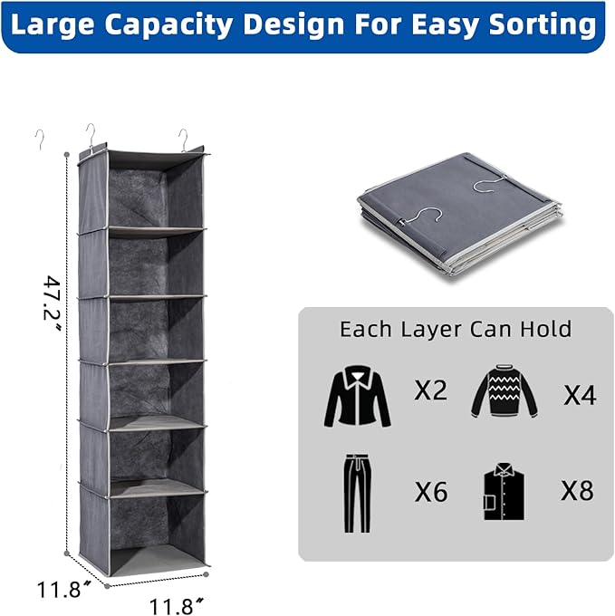 6-Shelf Hanging Closet Organizer and Storage, Collapsible Hanging Shelves