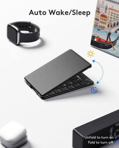 Samsers Foldable Bluetooth Keyboard - Portable Wireless Keyboard with Stand Holder, Rechargeable Full Size Ultra Slim Folding, Compatible iOS Android Windows Smartphone Tablet and Laptop - Black