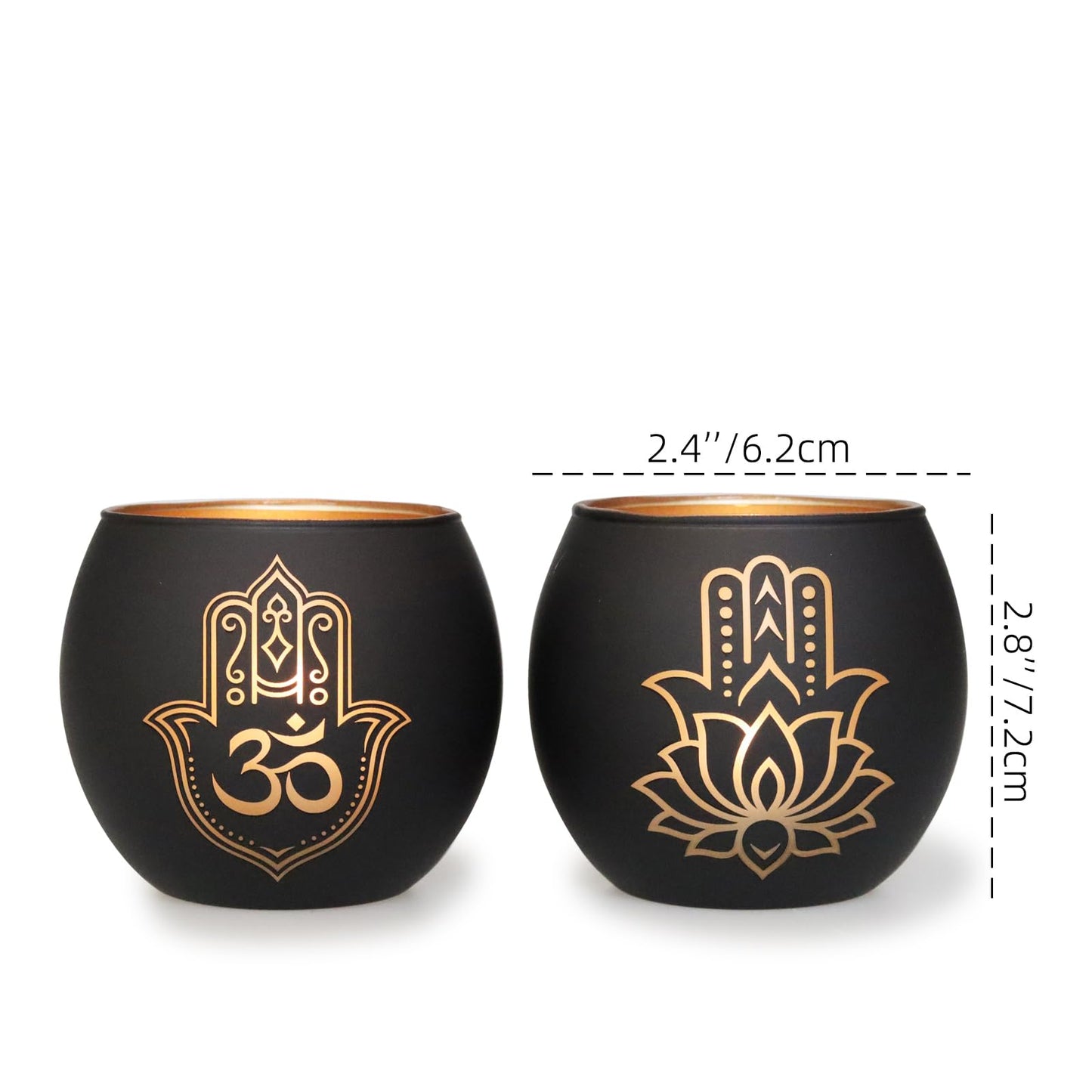 Hamsa Hand & Lotus Candle Holder Set of 2, Black and Gold Glass Votive Tealight Holders for Zen Meditation Decor, Om Symbol Decor for Yoga Room, Spa Bathroom & Diwali Decorations for Home