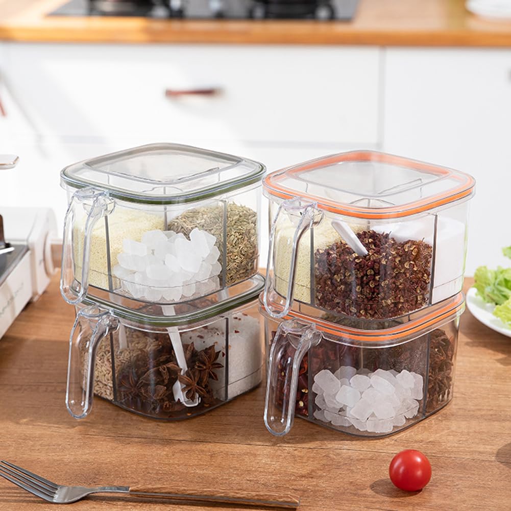 luzen 1PC Clear Plastic 4 Compartments Seasoning Box with Spoon and Lid Home Kitchen Condiment Jar Spice Container Spice Salt Canister Kitchen Gadgets for Kitchen Cooking Supplies, Orange