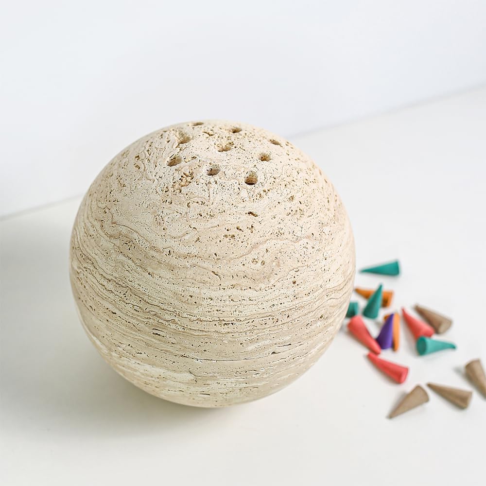 100% Natural Travertine Spherical Incense Burner, Manual Incense Burner Holder, Ideal for Smudging, Handmade Stone Incense Burning for Ritual Purpose Home Decor