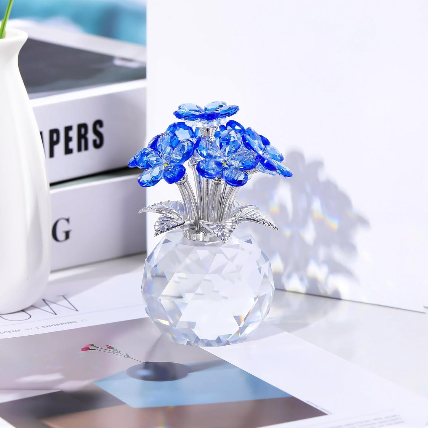 Qianwei Blue Forget Me Not Crystal Flowers - Sympathy Glass Flowers Collectible Figurines Decor Paperweight Ornament Home Office Table Desk Decorations