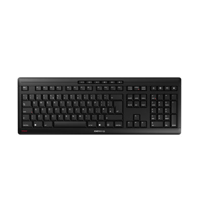 CHERRY STREAM KEYBOARD WIRELESS, Cordless Keyboard, UK Layout (QWERTY), 2.4 GHz RF, Quiet Keys, Flat Design, Battery-Operated, Black