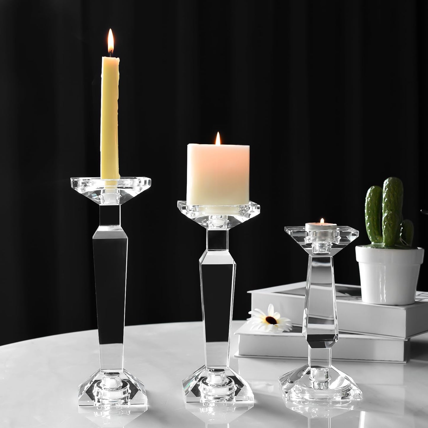 Marvala Crystal Candelabra Set, Dual-Sided Candle Holder Reversible for Taper, Tealight & Pillar Candles 3-in-1 Versatile Stand for Table, Wedding, Christmas, Home Holiday Decor (Set of 3-SML)