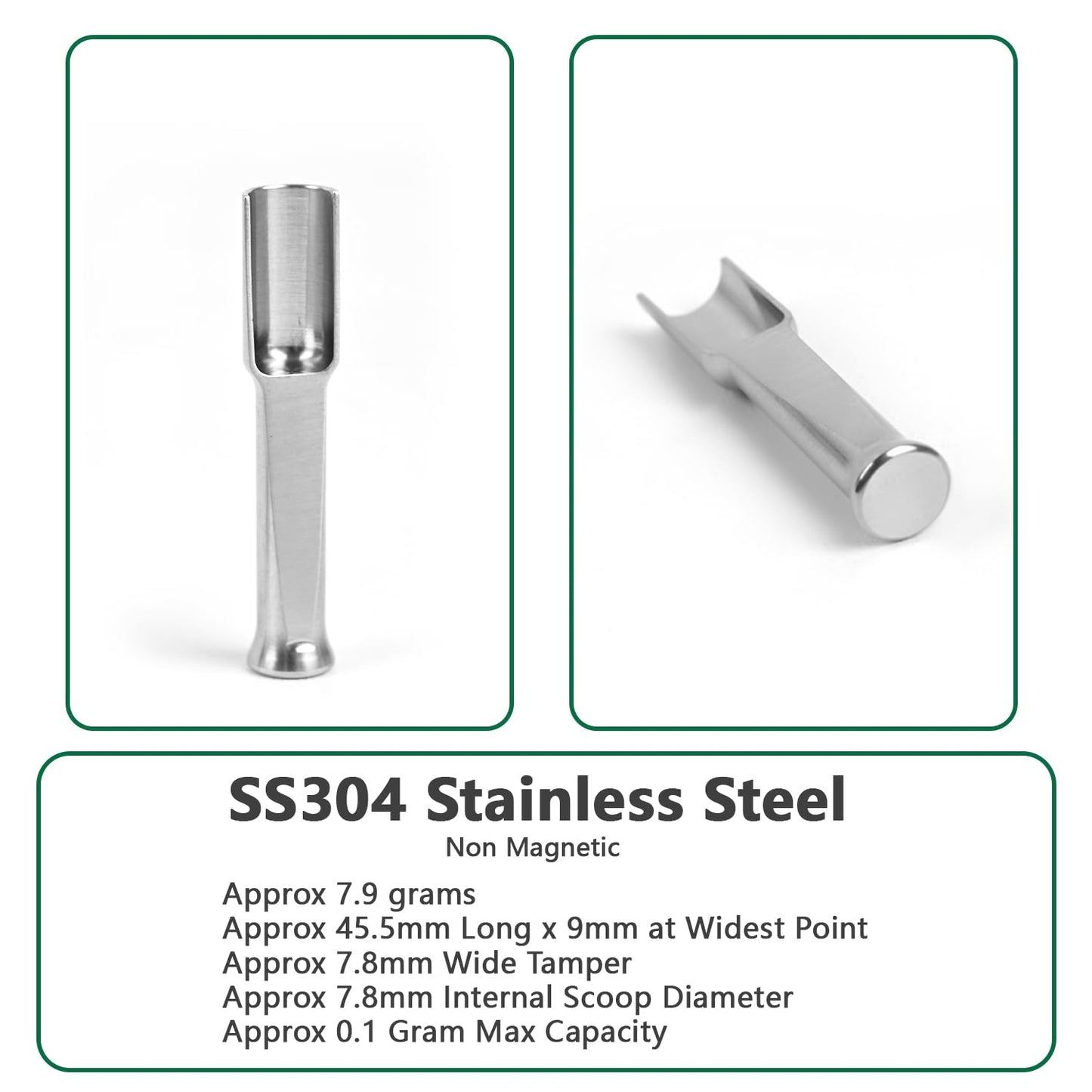 Mini SS304 stainless steel scoop with tamp tool,0.1 gram capacity 1.79 inch spoon for multi-purpose use sugar salt powder spices dishwashers safe for kitchen laboratory