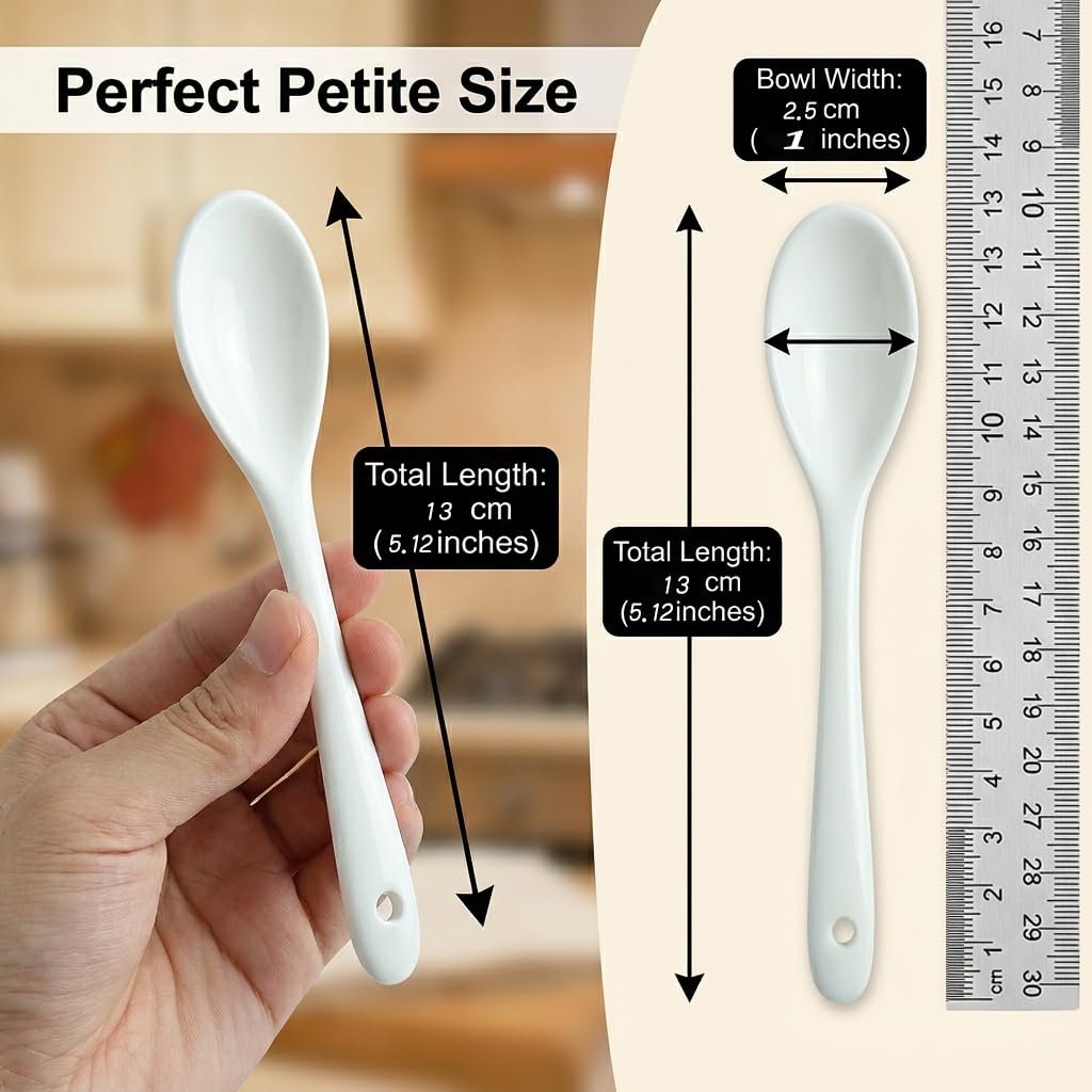 PTORIZNY 4 Pcs Demitasse Espresso Spoons, 5.43” Porcelain Coffee Spoon, Mini Sauce Spoons, Small Ceramic Teaspoon, Tiny Spoon for Dessert Appetizer Tasting Ice cream and Yogurt (White)