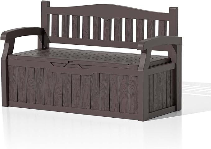 Patiowell 75 Gallon Plastic Storage Bench, Water-Resistant Deck Box for Patio Furniture, Garden Tools, Pool Storage and Outdoor Cushions, Brown