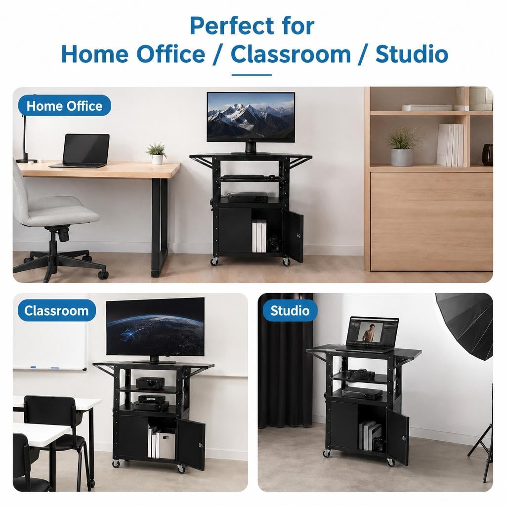 Portable AV Cart with Locking Storage Cabinet, Adjustable Laptop Stand & Drop Leaves, Rolling Workstation with Power Outlets for Classroom, Office, or Home Use