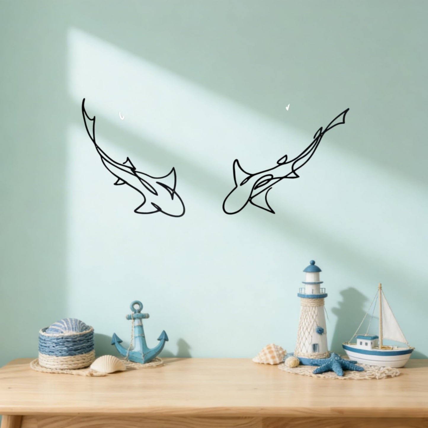 JBCHUCI Metal Fish Wall Art Nautical Decor Set of 2, Abstract Line Iron Shark Wall Sculptures for Coastal Living Room, Bathroom, Bedroom - Ocean Themed Home Decor Housewarming Gift