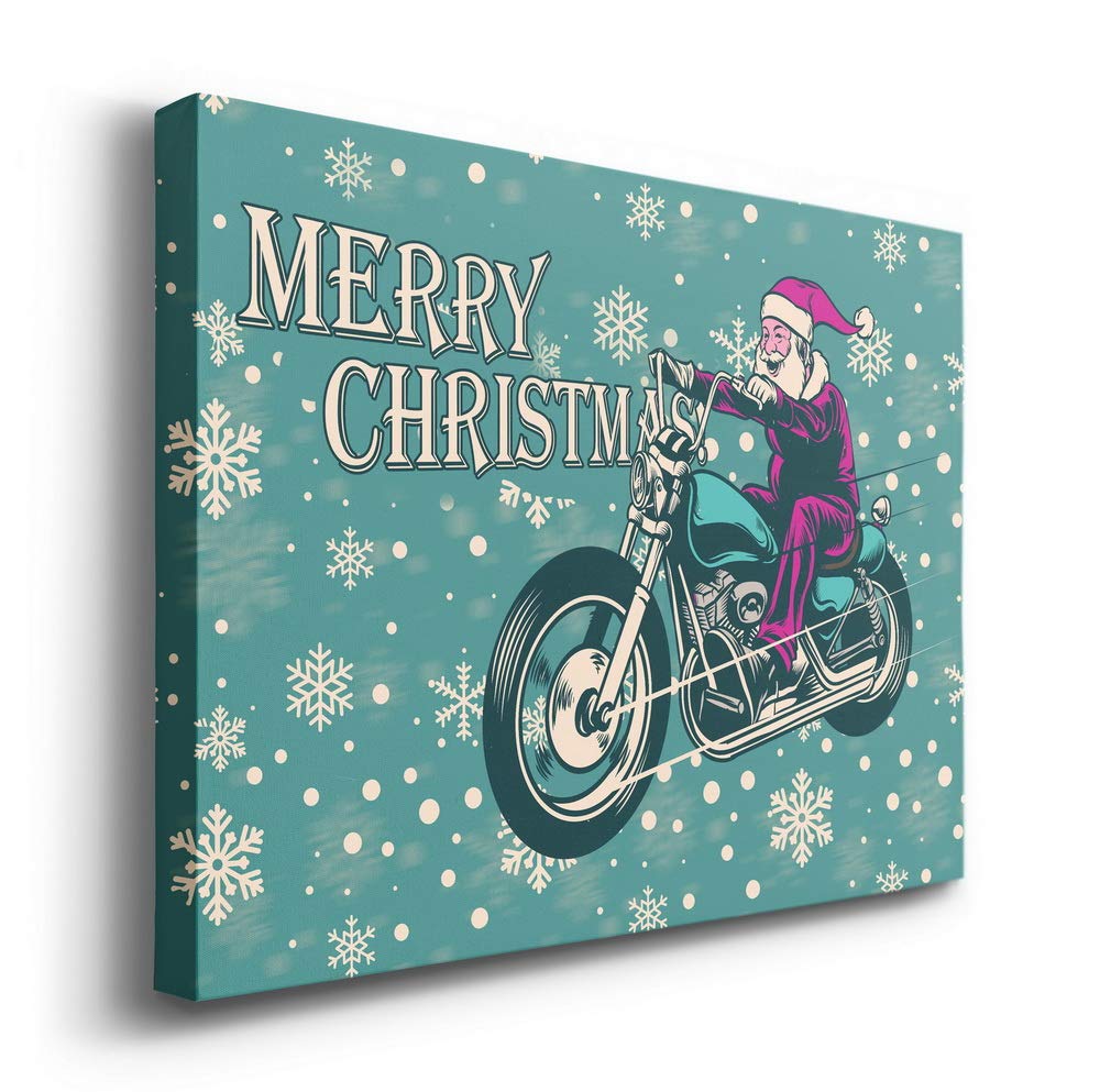 Renditions Gallery Motorcycle Santa Wall Art, Aqua Blue & White Snowflake Design, Funny Christmas Decorations, Premium Gallery Wrapped Canvas Decor, Ready to Hang, 8 in H x 12 in W, Made in America
