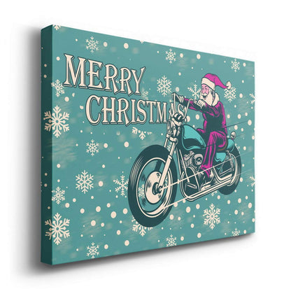 Renditions Gallery Motorcycle Santa Wall Art, Aqua Blue & White Snowflake Design, Funny Christmas Decorations, Premium Gallery Wrapped Canvas Decor, Ready to Hang, 8 in H x 12 in W, Made in America