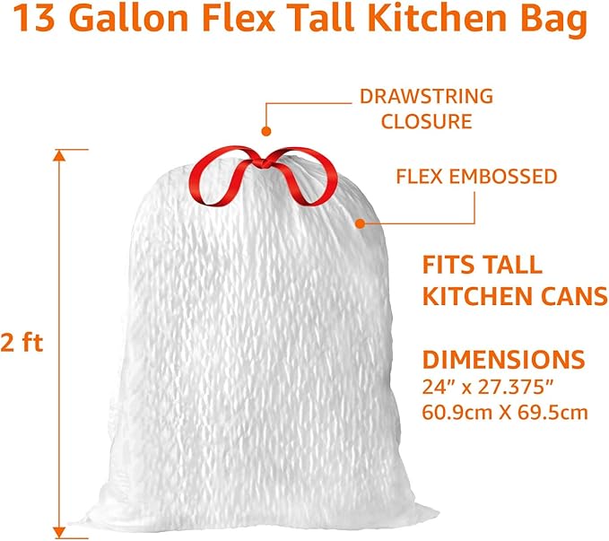 Amazon Basics Ultra-Force Tall Kitchen Drawstring Trash Bags, Classic Clean
