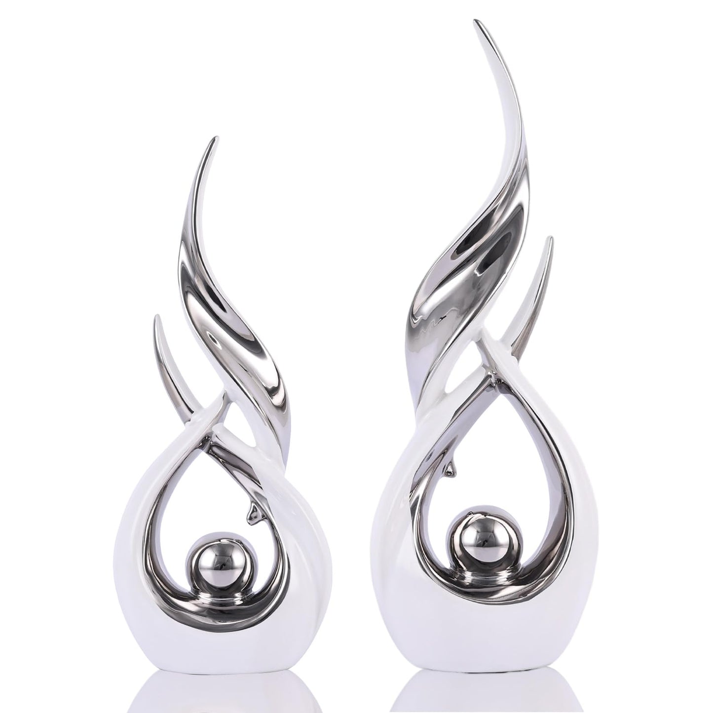 DOVDOV 2-Piece Abstract White and Silver Home Decor, Ceramic Abstract Sculptures, Modern Art Pieces, Suitable for Room Coffee Tables, Office Bookshelves, Dining Table Centers, entryway Decor.