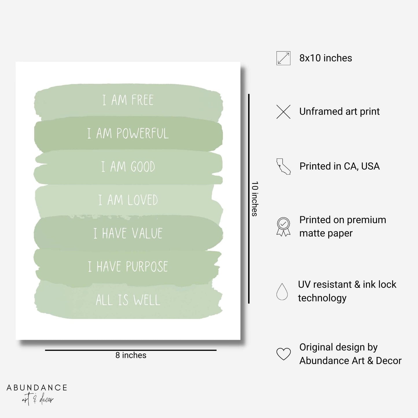 Sage Green Positive Affirmations Sage Nursery Wall Art Zen Room Decor Sage Inspirational Wall Art Office Sage Green Wall Decor for Bedroom UNFRAMED (Sage, 8x10)