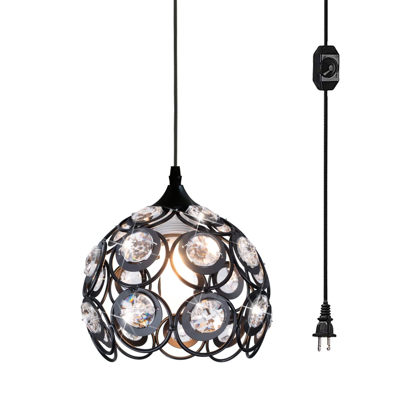 TISLYCO Black Plug in Chandelier, Crystal Hanging Lights with Plug in Cord 13.12ft and On/Off Switch, Hanging Pendant Light for Kitchen Island Bedroom Reading Area