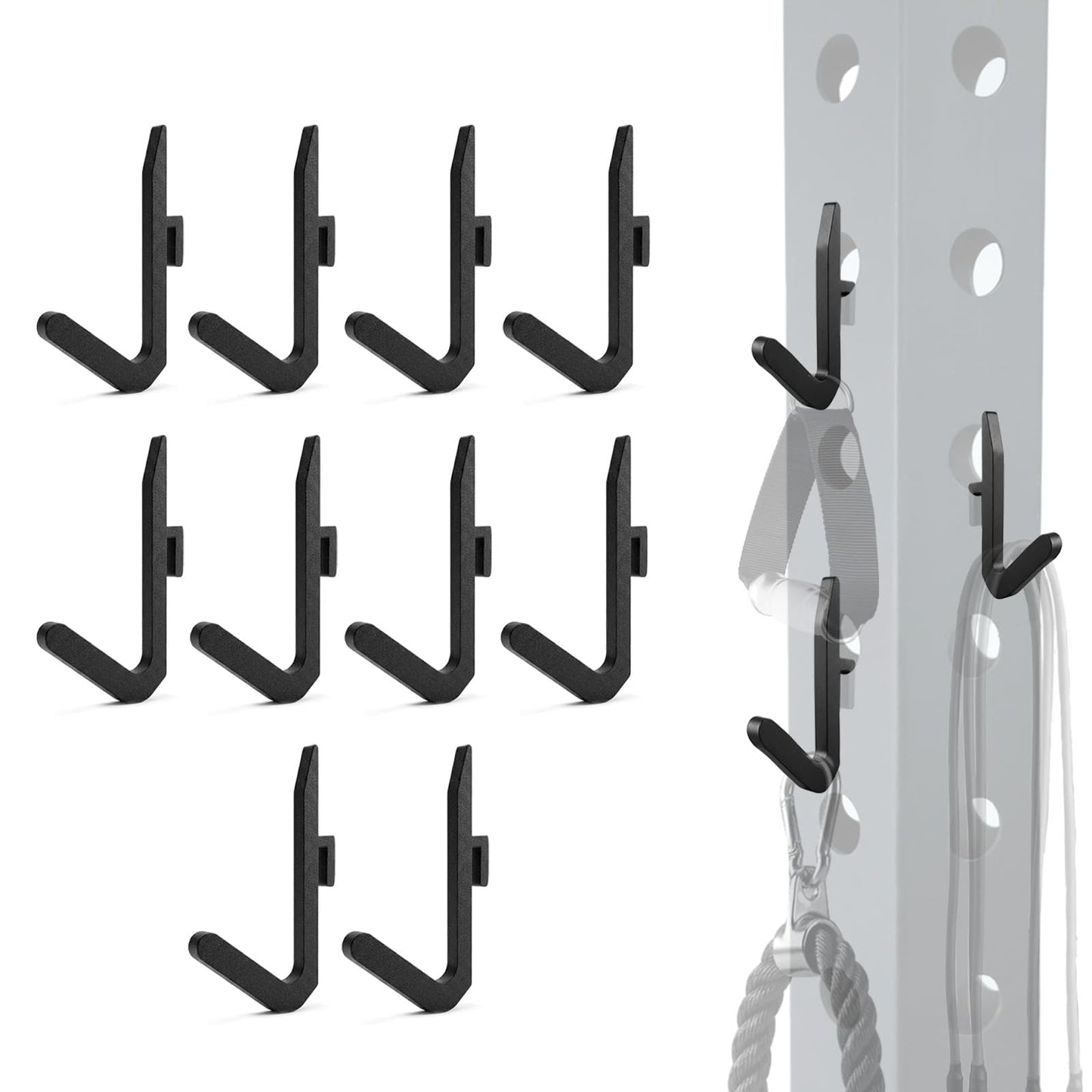 Lights Mountain Power Rack Hooks 10 Pack, J Hooks for Squat Rack, Heavy Duty Gym Storage Hooks for Resistance Bands, Belts, Chains & Cable Attachments & Accessories, Fits 5/8" & 1" Holes