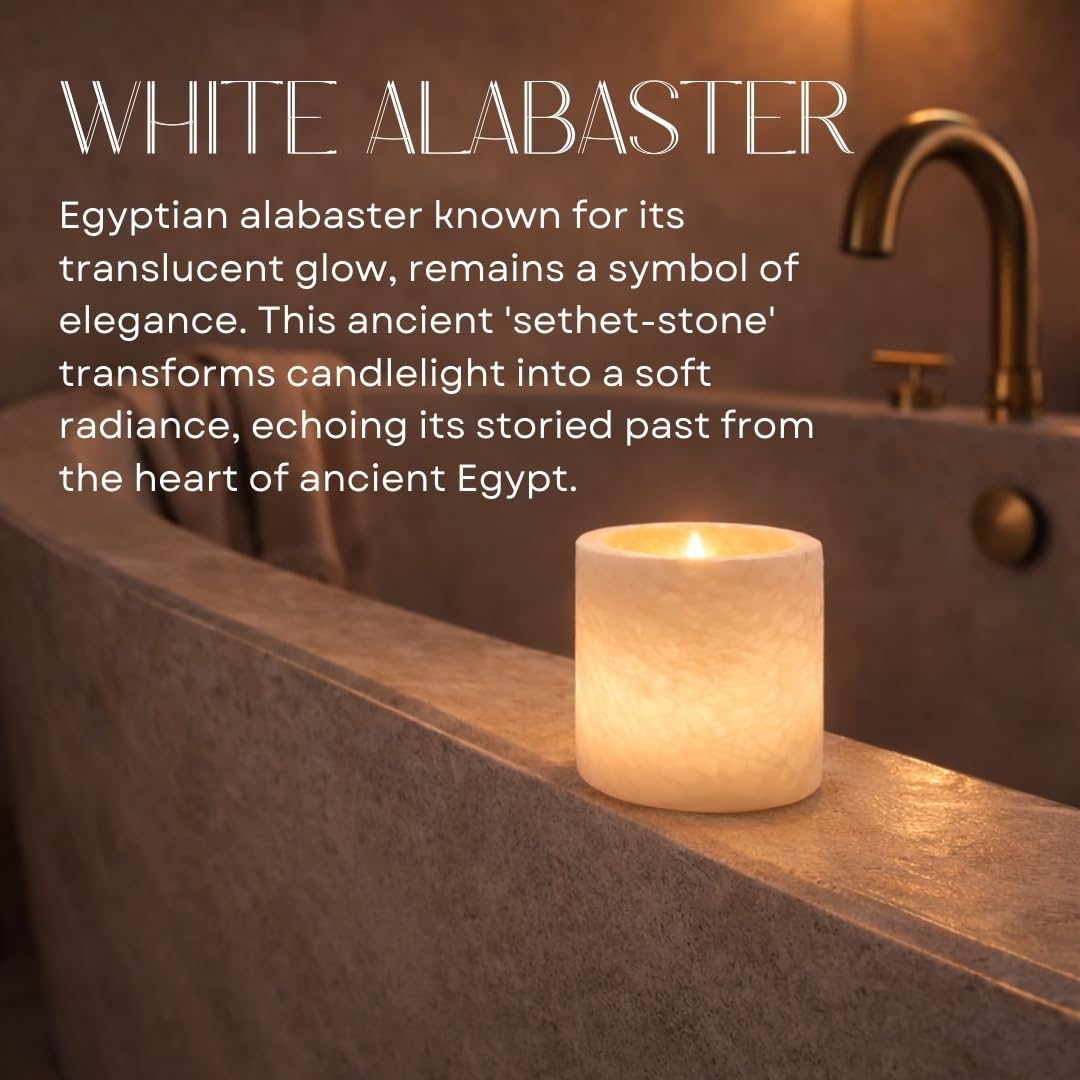 Single White Alabaster Candle Holder - Egyptian Tealight and Votive Candles Holders with Amber Glow for Home Décor - Natural Stone Soothing Tranquil