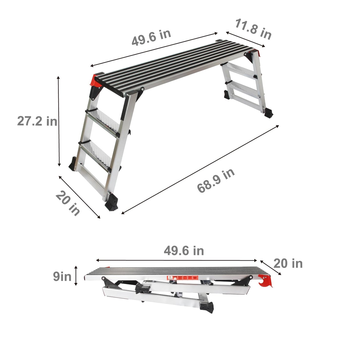 LEADALLWAY Aluminum Work Platform 50""x12"" 2 Step Ladder Folding Portable Work Bench with Non-Slip Mat Capacity 660 LBS Heavy Duty, Silver