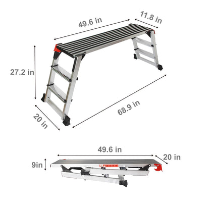 LEADALLWAY Aluminum Work Platform 50""x12"" 2 Step Ladder Folding Portable Work Bench with Non-Slip Mat Capacity 660 LBS Heavy Duty, Silver